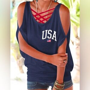 Stars & Stripes USA Blouse Navy keyhole shoulder sleeves, laser cut flag on back